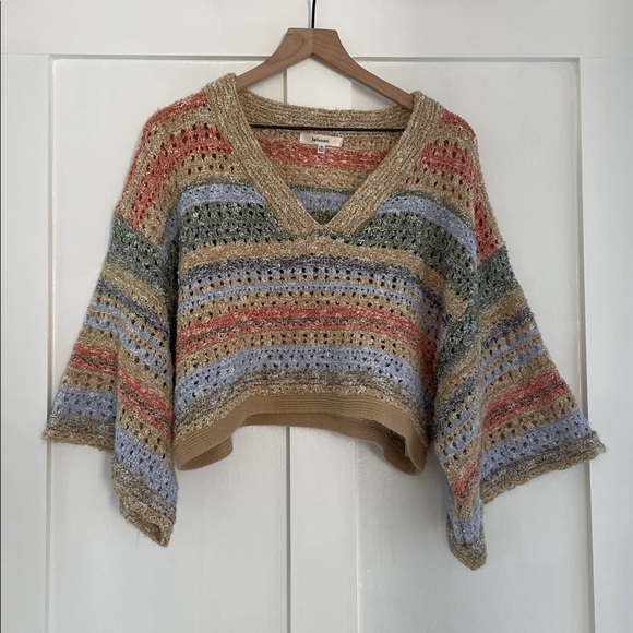 LALAVON Boxy Crop V-Neck Short Sleeve Open Knit Multi Color Sweater Top Size S - Picture 3 of 10